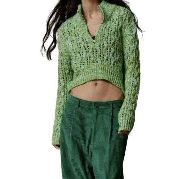 Urban Outfitters BDG Killian Quarter-Zip Pointelle Green Knit Sweater Sz Small - Picture 2 of 5
